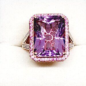 Premium Rose de France Amethyst, Pink Sapphire & Zircon ring in RG over 925SS s8